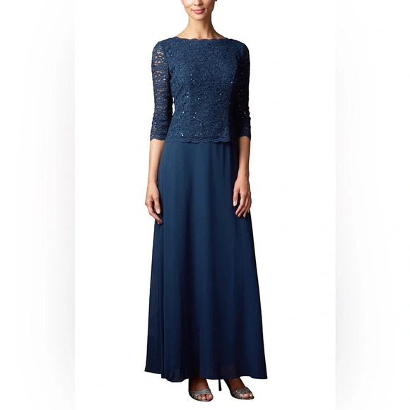 Alex Evenings Long Gown with Sequin Lace Bodice & Chiffon Skirt Navy Blue 14 P - Picture 1 of 13